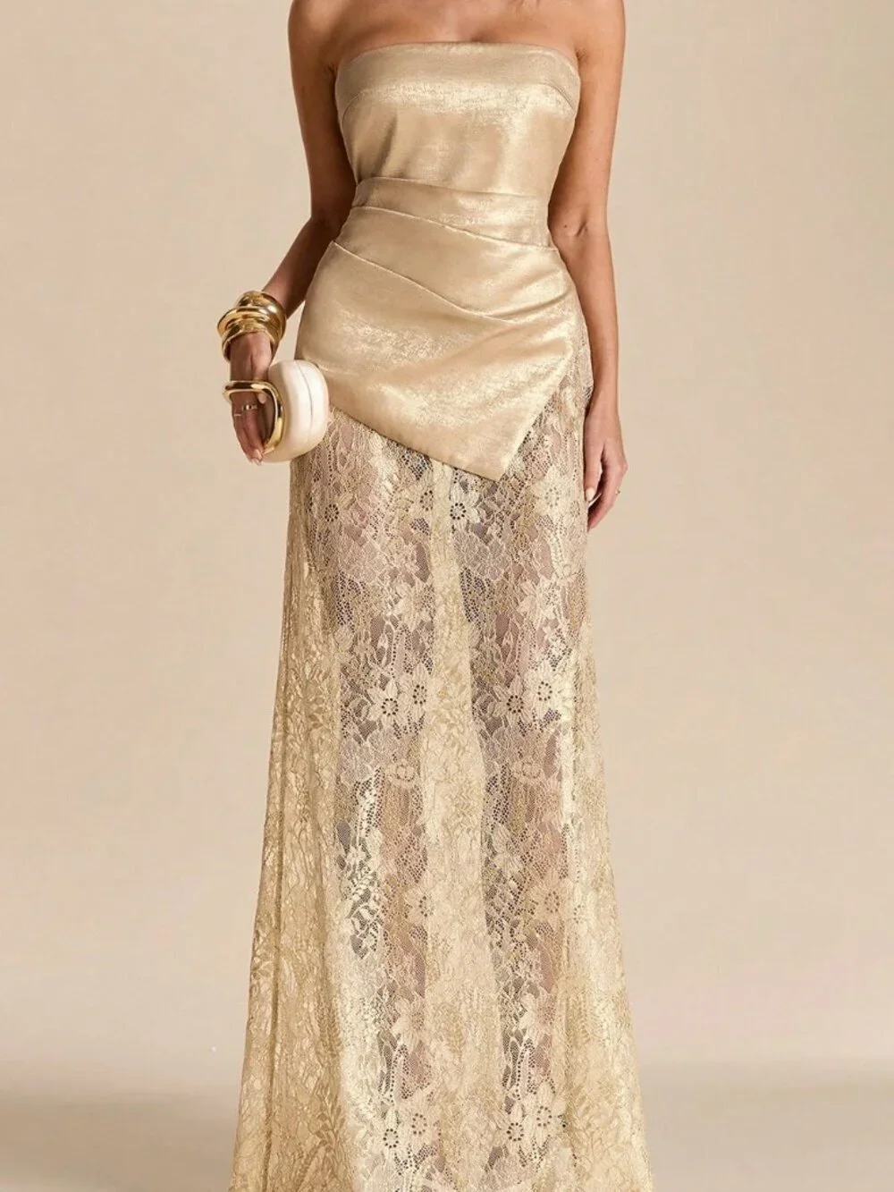 Gold Party Women's Asymmetric Hem Sheer Lace Elegant Mini Gown